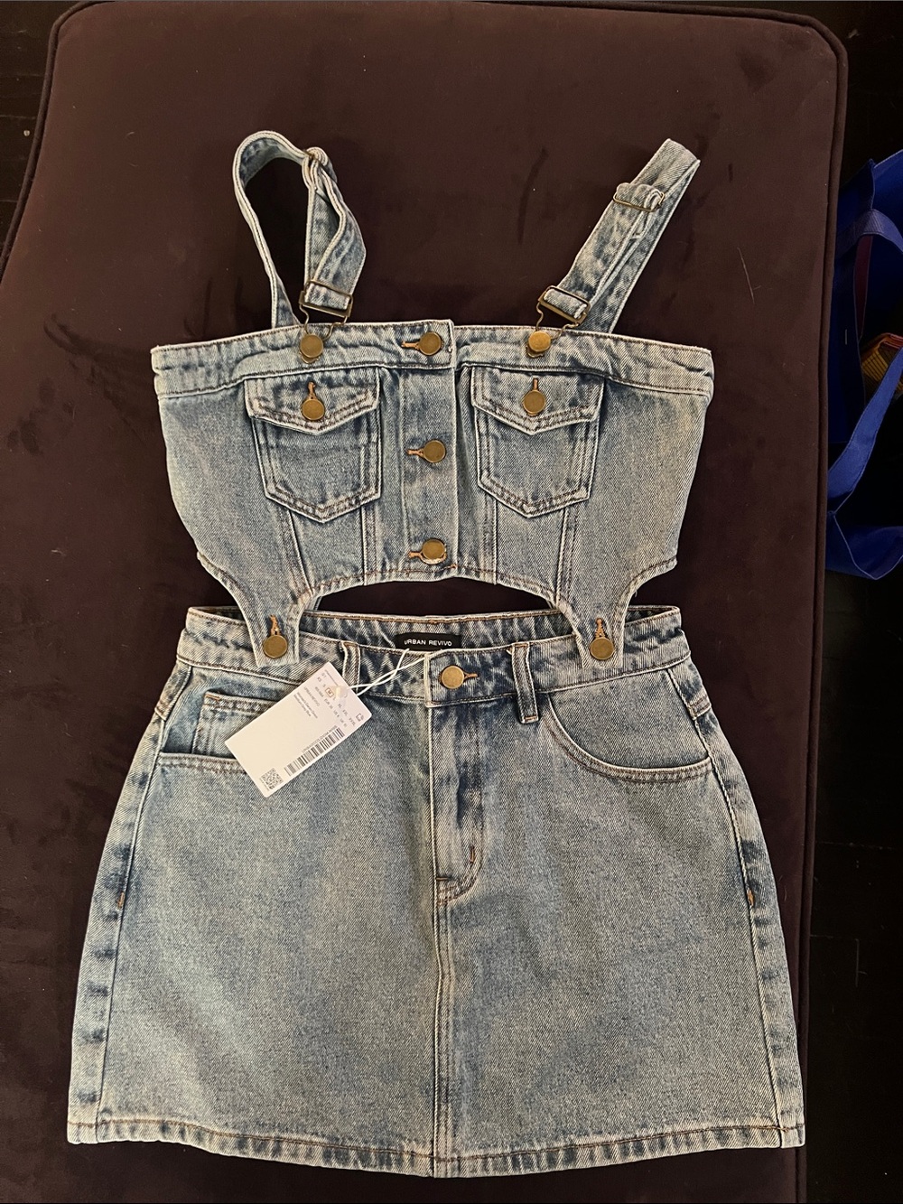 Denim Cutout Overall Mini Skirt - Light Blue